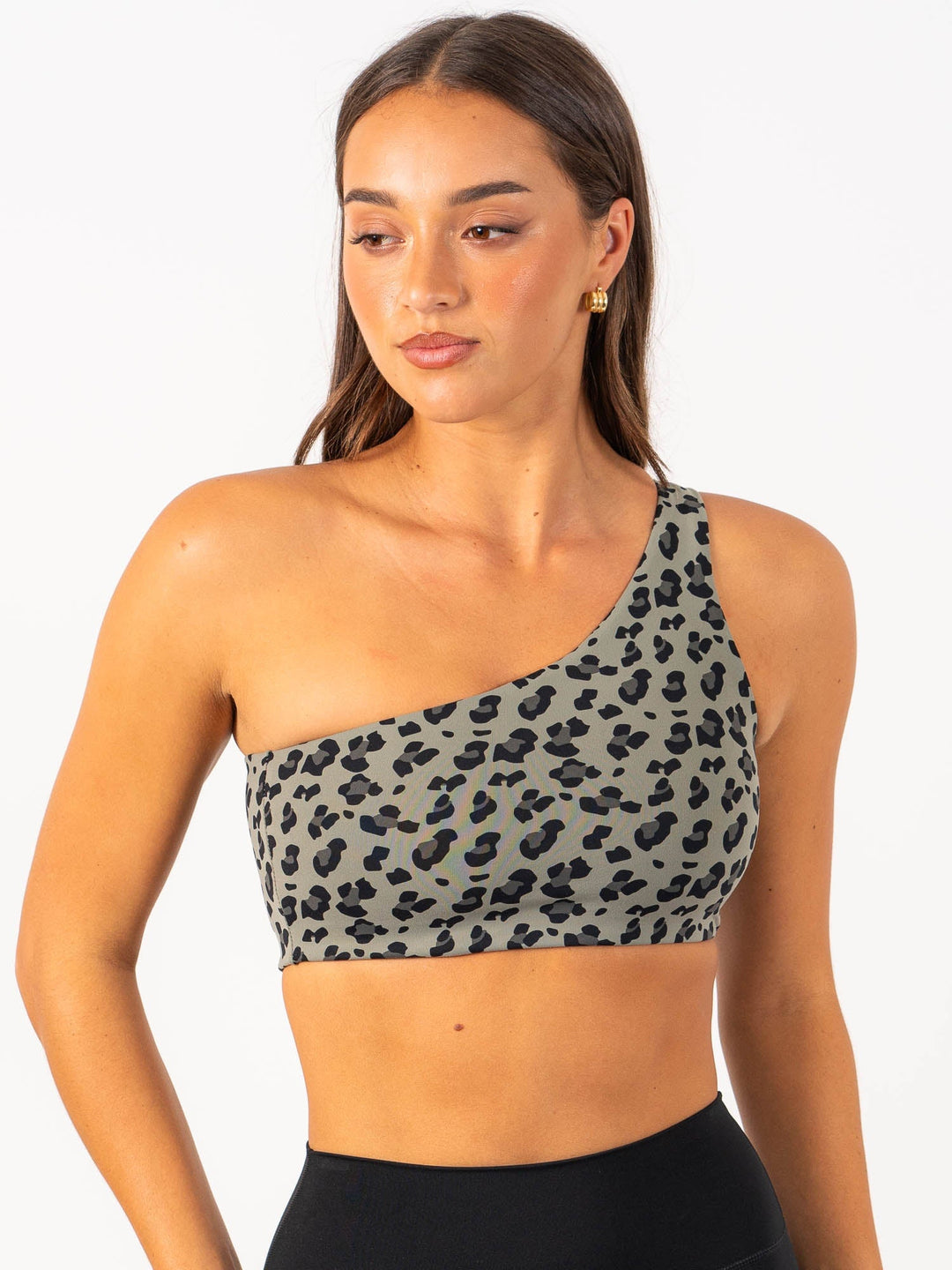 Adapt One Shoulder Sports Bra - Khaki Leopard Clothing Ryderwear 