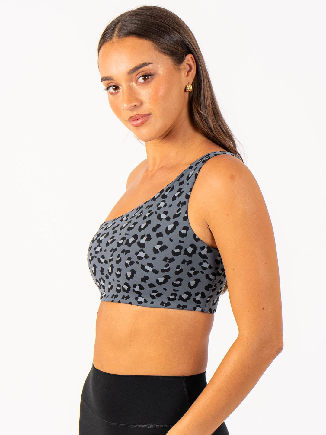 Adapt One Shoulder Sports Bra - Steel Blue Leopard Clothing Ryderwear 