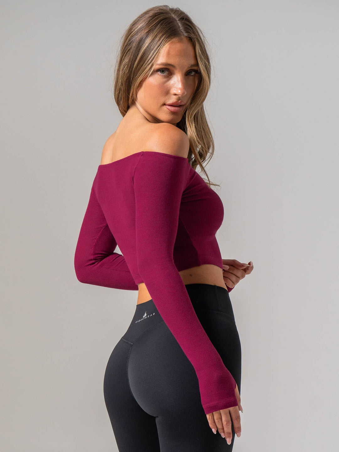 Ribbed Off Shoulder Long Sleeve Top - Wine Clothing Ryderwear 
