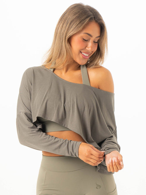 Slouchy Off Shoulder Top Khaki