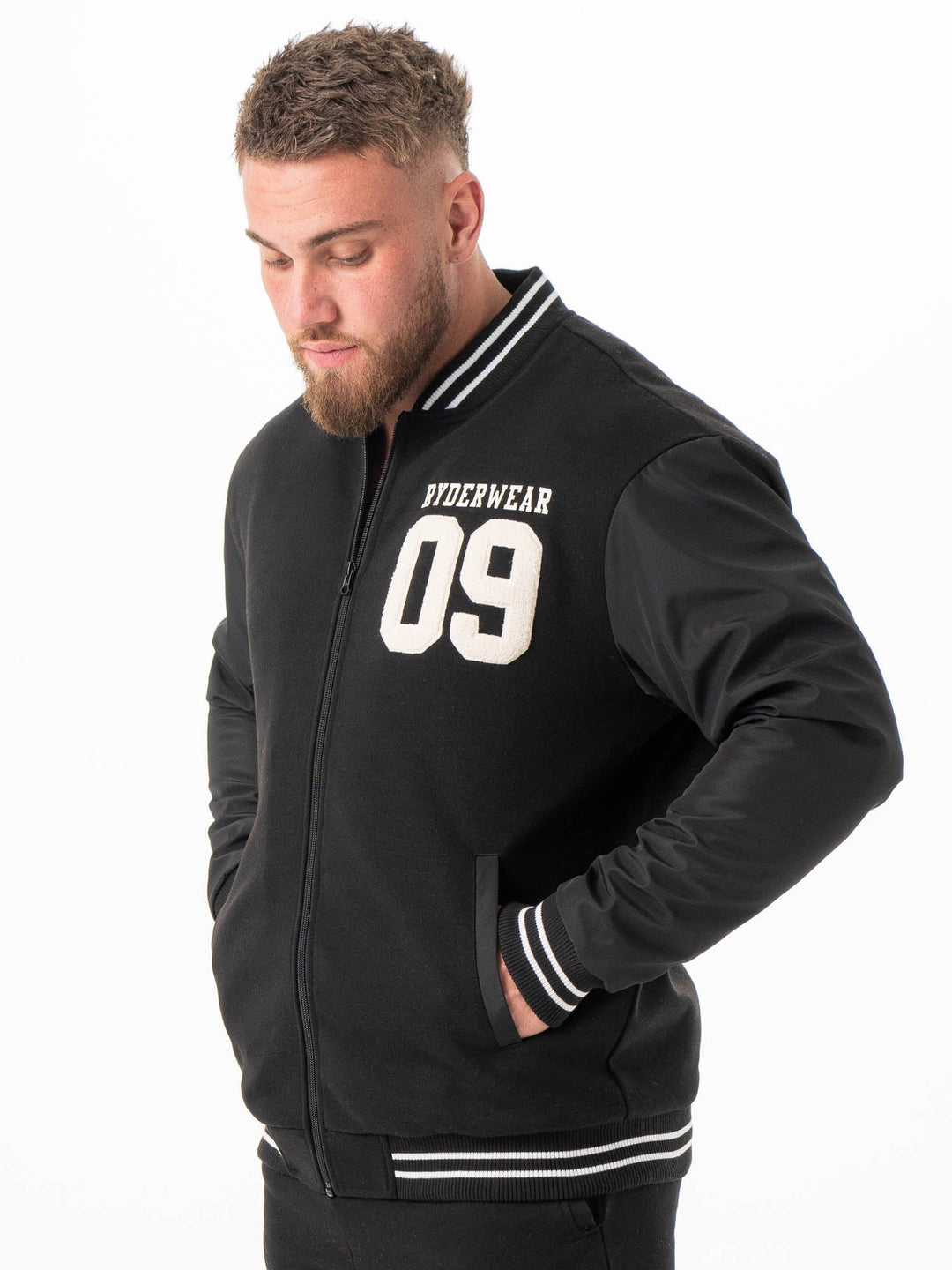 Varsity Bomber Jacket - Black/Black Clothing Ryderwear 
