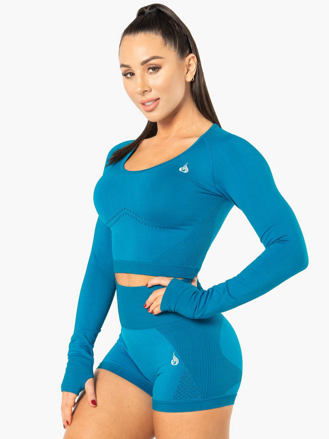 Electra Seamless Long Sleeve Crop Top - Electric Blue Clothing Ryderwear 