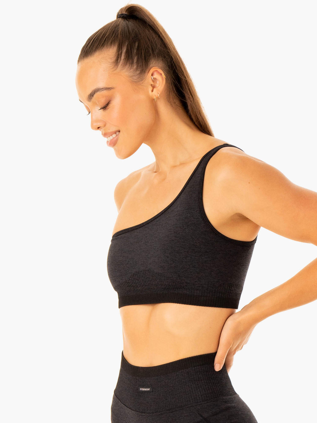 Excel Seamless One Shoulder Sports Bra - Black Marl Clothing Ryderwear 